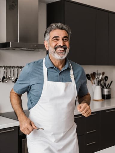40대 중동계 남성이 흰색 앞치마와 캐주얼한 셔츠를 입고 있는 전신 샷입니다. 그는 행복한 표정을 지으며 주방 도구를 들고 달리고 있으며, 깔끔하게 정리된 주방에서 요리에 대한 열정과 즐거움을 발산하고 있습니다.