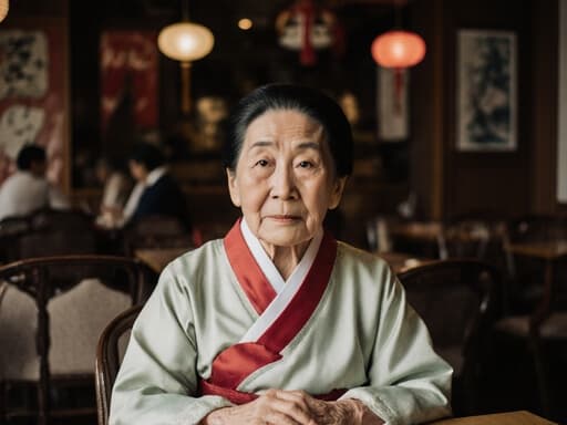 80대 한국인 여성의 반신 사진으로, 전통 한복을 입고 아늑한 카페에 앉아 무릎 위에 손을 올려놓고 지루한 표정을 짓고 있습니다. 전통 소품으로 장식된 카페의 따뜻하고 초대하는 분위기 속에서 촬영되었습니다.