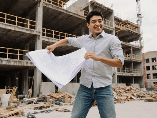혼혈 남성 10대 후반의 자연스러운 외모를 가진 모델이 건축 도면을 한 손에 들고 자연스럽게 미소를 지으며 경쾌하게 춤추고 있는 반신 사진. 배경에는 건설 현장이 보이며, 작업 중인 건축물과 다양한 공구들이 있어 생동감 넘치고 매력적인 분위기를 만들어냅니다.