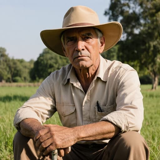 사색에 잠긴 중년의 라틴계 농부가 공원에서 다리를 꼬고 앉아 농업 장비를 들고 있으며, 농업의 발전을 상징하는 푸른 잔디와 나무들로 둘러싸여 있습니다.