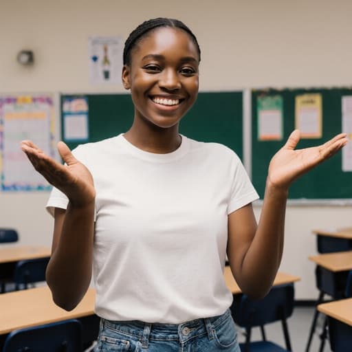 자신감 있는 아프리카계 10대 여성의 반신 사진이 담겨 있습니다. 편안한 티셔츠와 청바지를 입고 매력적인 미소를 지으며 상담을 위해 팔을 가볍게 들어 올린 모습입니다. 배경은 교육 관련 포스터가 붙은 교실이며, 정돈된 책상과 의자가 보입니다.