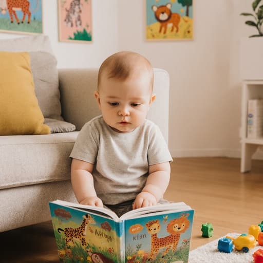 귀여운 1세 유럽계 남자 아기가 편안하게 소파에 앉아, 편안한 티셔츠와 바지를 입고 동물 그림책을 바라보며 지루한 표정을 짓고 있는 반신 촬영. 아늑한 거실 배경에는 동물 포스터가 붙어 있고 바닥에는 장난감들이 흩어져 있어 따뜻하고 초대하는 느낌을 줍니다.