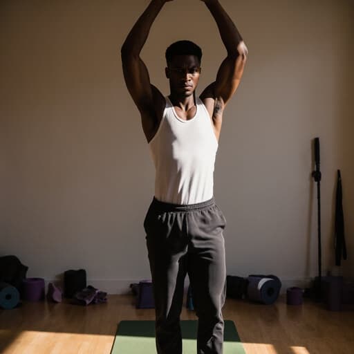 이 이미지는 20대의 건강하고 활기찬 흑인 남성이 요가 매트 위에 서 있는 모습으로 반신 촬영된 것입니다. 그는 편안한 요가복을 입고 있으며, 매트를 정리하기 위해 팔을 들어 올리며 집중한 표정을 짓고 있습니다. 배경은 부드러운 조명과 다양한 요가 용품이 배치된 평화로운 요가 공간을 보여주며, 매력적인 분위기를 만들어냅니다.