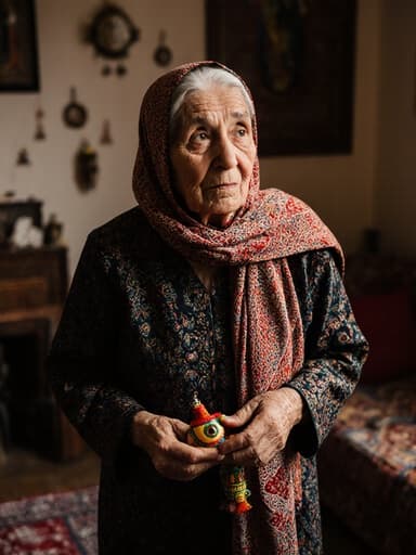 아늑한 거실에 있는 80대 중동계 여성의 전신 사진. 전통 의상을 입고 화려한 스카프를 두른 그녀는 걱정스러운 표정으로 주변을 살피며 전통 놀이 도구를 들고 천천히 걷고 있습니다.