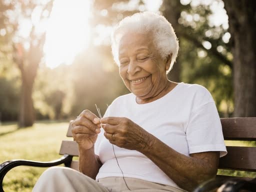 햇살이 비치는 공원 벤치에 앉아 있는 70대 흑인 여성의 반신 사진으로, 자연스러운 외모를 가지고 있으며 편안한 티셔츠와 면바지를 착용하고 있습니다. 친근한 표정을 짓고 손에 바늘과 실을 들고 바느질을 하고 있는 모습으로, 평화로운 공원 분위기 속에 있습니다.