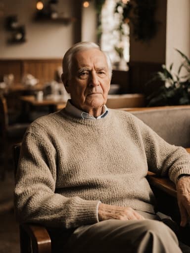 70대의 백인 남성이 편안한 니트 스웨터와 슬랙스를 입고 따뜻한 조명이 비추는 카페 테이블에 팔을 얹고 앉아 무관심한 표정을 지으며 아늑한 카페 환경 속에 있는 반신 사진.