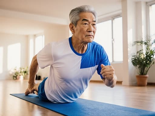 건강한 체형을 가진 50대 아시아계 남성이 밝은 파란색과 흰색의 요가복을 착용하고 요가 매트 위에서 달리기 자세를 취하며 집중한 표정을 짓고 있습니다. 부드러운 조명과 식물로 꾸며진 넓고 조용한 요가 공간에서 그의 헌신이 돋보이는 모습입니다.