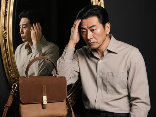 이 이미지는 자연스러운 외모를 가진 40대 아시아계 남성이 트렌디한 캐주얼 의상을 입고 세련된 가방을 들고 있는 반신 사진을 담고 있습니다. 그는 긴장한 표정을 지으며 손을 머리에 얹고 가방을 바라보고 있으며, 패셔너블한 거울이 있는 세련된 실내 공간에서 매력적인 분위기를 연출합니다.
