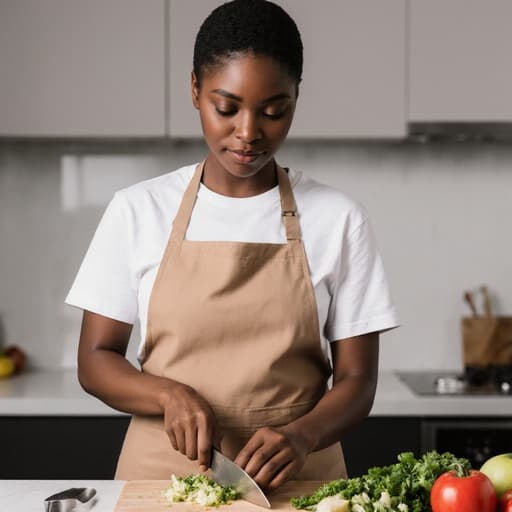20대 흑인 여성이 현대적인 주방에서 캐주얼한 요리 복장을 입고 반신 촬영된 모습입니다. 그녀는 신선한 재료를 손질하며 손목을 스트레칭하고 있으며, 우아함과 편안한 분위기를 발산하며 따뜻하고 초대하는 느낌의 조명 아래 있습니다.