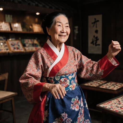 80대의 동양인 여성이 자연스러운 외모로 전통 한복을 입고 있는 반신 샷. 피곤하지만 따뜻한 미소를 띠며 손을 약간 들어 올리며 춤추는 자세를 취하고 있으며, 전통 놀이를 즐길 수 있는 아늑한 카페 내부에서 촬영되었고, 부드러운 조명이 편안한 분위기를 연출하고 있습니다.