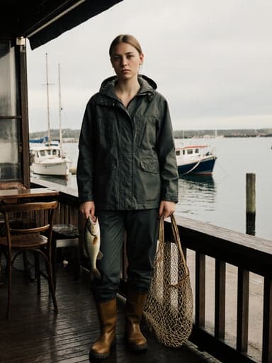 20대의 유럽계 여성이 방수 어업 작업복을 입고 물고기를 한 손에 들고 있으며, 그 옆에 그물망이 놓여 있는 모습으로, 바다와 배가 보이는 아름다운 어촌 마을 카페 배경에서 촬영된 전신 사진입니다.