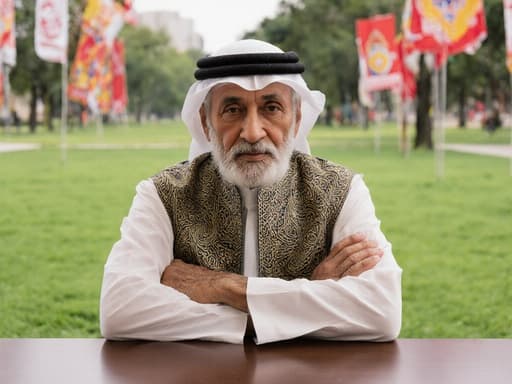 70대 중동계 남성이 전통 의상을 입고 고급스러운 패턴의 겉옷을 착용한 채 팔짱을 끼고 무관심한 표정을 지으며 회의실의 테이블에 앉아 있는 모습. 배경은 푸른 잔디가 펼쳐진 공원과 멀리 전통 축제를 알리는 깃발들이 보이는 장면입니다.