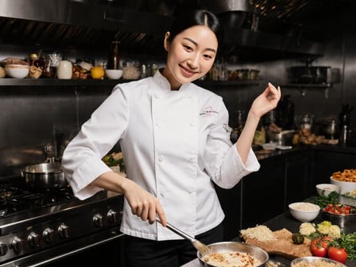 20대 동양인 여성이 흰색 셰프 코트와 검은색 바지를 입고, 오븐 옆에서 편안한 미소를 지으며 재료를 섞고 있는 모습이 반신 촬영으로 담겨 있습니다. 주방은 다양한 요리 재료로 가득 차 있으며, 그녀의 장난스러운 자세는 요리하는 과정에서의 즐거운 상호작용을 암시하며, 따뜻한 분위기를 만들어냅니다.