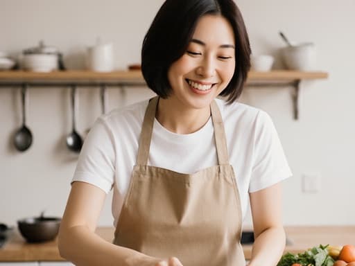 30대 한국인 여성의 반신 사진으로, 편안한 주방 앞치마와 캐주얼한 티셔츠를 착용하고, 재료를 준비하며 행복하게 미소 지으며 걷고 있는 모습이 아늑한 조리실의 다양한 조리 도구와 재료가 정리된 배경에서 담겨 있습니다.