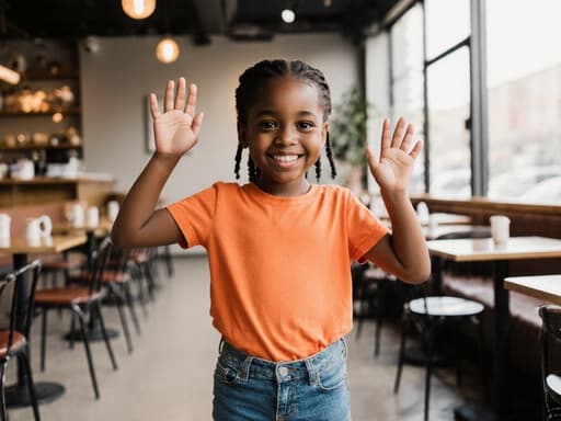 밝은 색상의 티셔츠와 청바지를 입고 사랑스럽게 미소 지으며 두 손을 흔들며 인사하는 7세의 흑인 소녀의 매력적인 반신 사진. 아늑한 카페 내부에서 햇살이 비추고 있다.