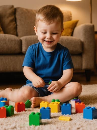 아늑한 거실 바닥에 앉아 있는 3세 유럽계 남자아이가 편안한 파란색 티셔츠와 반바지를 입고 있습니다. 그는 다양한 색상의 블록을 가지고 즐겁게 놀고 있으며, 주변에 흩어진 장난감들이 어린 시절의 경이로움이 가득한 따뜻하고 즐거운 분위기를 만들어냅니다.