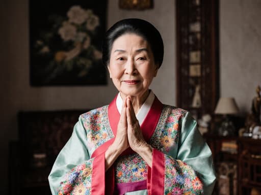 아늑한 거실 배경에서 전통 한복을 입고 지혜롭고 온화한 표정을 짓고 있는 80대 혼혈 여성의 반신 촬영. 두 손을 모아 인사하는 자세로, 화려한 색상의 한복과 전통 장식이 잘 어우러진 모습입니다.