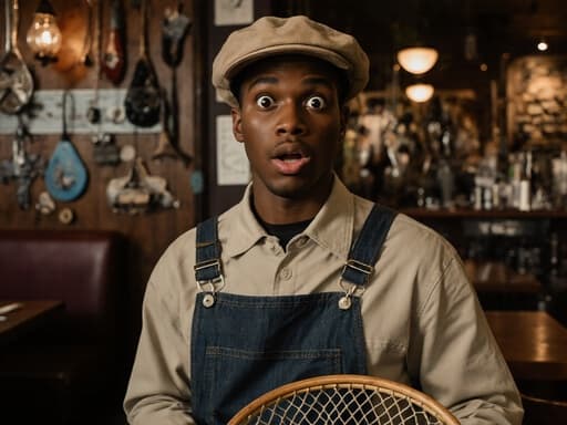바다를 테마로 한 카페에서 어부 스타일의 작업복을 입은 10대 후반의 흑인 남성이 그물을 들고 놀란 표정으로 서 있습니다. 배경에는 어업 관련 장비와 바다 장식이 있어 아늑한 분위기를 자아냅니다.