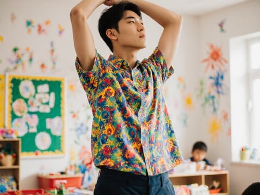 20대 동양인 남성이 유치원 교사로 적합한 화사한 색상의 셔츠와 바지를 입고, 팔을 위로 쭉 뻗으며 스트레칭하는 모습의 반신 샷입니다. 그의 표정은 약간의 긴장감과 피로감을 느끼고 있습니다. 배경은 어린이 그림으로 장식된 밝고 아늑한 유치원 교실로, 따뜻하고 환영하는 분위기를 자아냅니다.