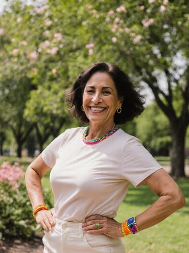 50대 라틴계 여성의 전신 사진으로, 편안한 캐주얼 의상과 화려한 액세서리를 착용하고, 평화로운 공원에서 활기차게 춤추며 긍정적이고 에너지가 넘치는 모습을 보여줍니다. 배경은 푸른 나무와 꽃들이 있는 평화로운 풍경입니다.