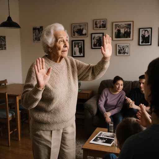 아늑한 거실에서 포착된 감동적인 순간, 니트 스웨터를 입은 80세 라틴계 여성이 걱정스럽지만 사랑스러운 표정으로 가족에게 손을 흔드는 모습, 가족 사진들이 따뜻함과 유대를 불러일으킵니다.