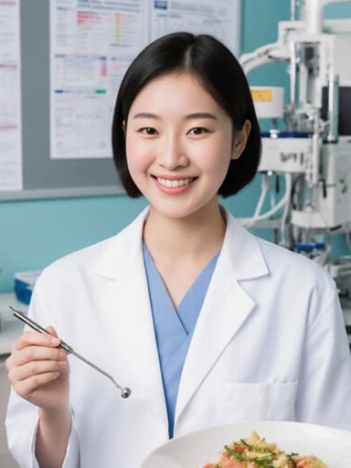 10대 초반의 아시아계 여성의 반신 상반신 샷으로, 자연스러운 외모를 가진 그녀는 병원 유니폼과 흰색 가운을 착용하고 있습니다. 열정적인 표정을 지으며 밝게 웃고 있는 그녀는 손에 의료 기구를 들고 환자에게 음식을 권하는 자세로 따뜻함과 배려를 전달하고 있습니다. 배경은 의료 장비와 차트가 배치된 병원 진료실로, 전문적이면서도 친근한 분위기를 만들어냅니다.