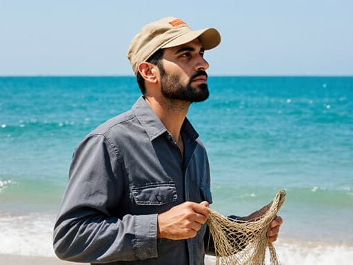 건강한 30대 중동계 남성이 작업복과 모자를 쓰고 어망을 들고 푸른 바다를 바라보는 모습입니다. 해변의 배경은 평화로운 분위기를 연출하며, 해양 보호 캠페인과 비슷한 느낌을 주어 희망적이고 긍정적인 감정을 담고 있습니다.
