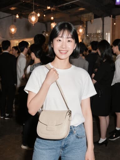 캐주얼한 티셔츠와 청바지를 입은 밝은 미소의 10대 후반 한국인 여성, 크로스백을 메고 아늑한 클럽에서 사람들과 네트워킹하며 즐거운 분위기를 연출하고 있습니다.