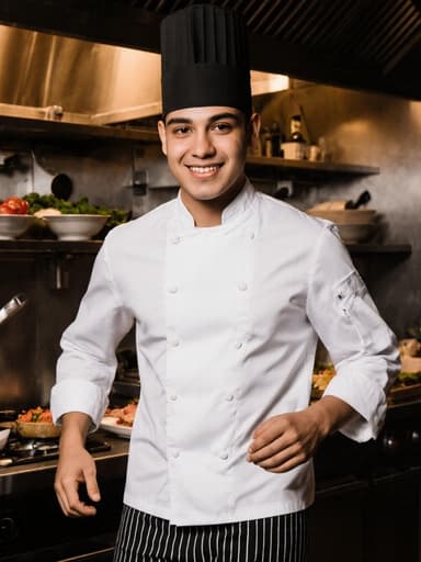 10대 초반의 라틴계 남성 요리사가 흰색 조리복과 검은색 조리모를 착용하고, 다양한 조리 도구와 신선한 재료들이 놓인 활기찬 주방에서 열정적으로 음식을 서빙하기 위해 바쁘게 걷고 있는 모습입니다.