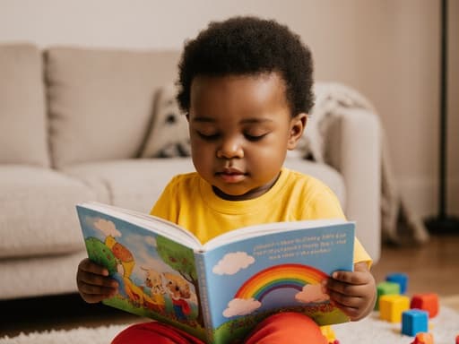 1세 흑인 남아가 아늑한 거실에 앉아 밝은 색상의 의상을 입고 있습니다. 그는 손에 들고 있는 그림책을 졸린 눈으로 바라보며, 장난감과 편안한 소파가 있는 따뜻한 분위기 속에 있습니다.