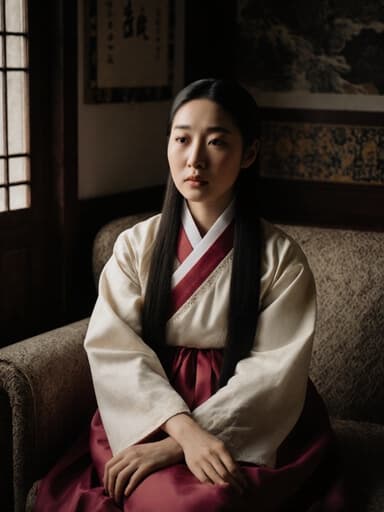 전통 한복을 입은 10대 후반의 동양인 여성이 소파에 앉아 깊은 생각에 잠긴 듯한 표정을 지으며, 고풍스러운 장식이 있는 아늑한 전통 한국식 방에서 촬영된 반신 사진입니다.