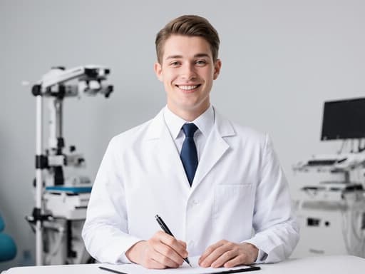 현대적인 검사실에서 의료 기록을 작성하며 자연스럽게 미소 짓고 있는 20대 백인 남성 의사의 반신 사진.