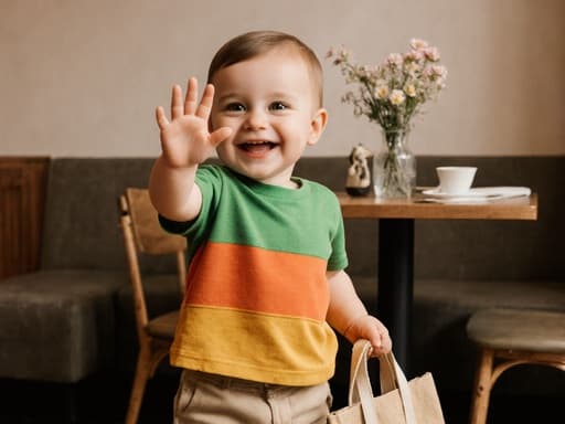 행복한 1세 남자 어린이의 매력적인 반신 샷, 가방을 들고 인사하며 미소 짓는 모습이 아늑한 카페 내부와 테이블 위의 작은 꽃을 배경으로 하여 순수함과 기쁨을 발산합니다.