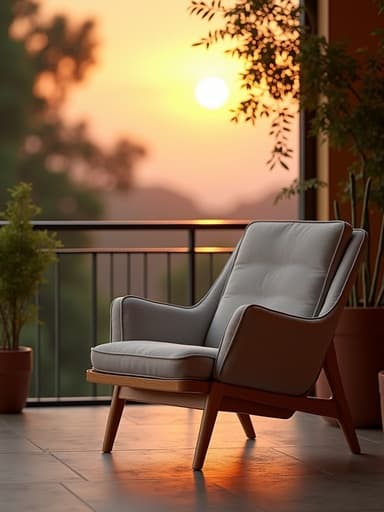 라운지 체어, 가구, 고급 레스토랑 테라스에 위치한 일몰 전망, 따뜻한 분위기 조명