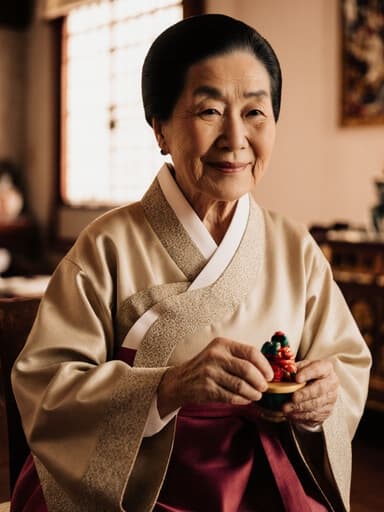 70대 아시아계 여성의 반신 사진으로, 전통 한복을 입고 차분한 표정으로 부드럽게 미소짓고 있습니다. 그녀는 전통 놀이 도구를 손에 쥐고 있으며, 그것에 대해 이야기하는 듯한 자세를 취하고 있습니다. 배경은 따뜻한 조명으로 꾸며진 아늑한 거실로, 전통 소품들이 배치되어 있어 문화적인 분위기를 더합니다. 전체적인 구성은 유산과 지혜의 본질을 포착하여, 관객을 문화적 이야기의 순간으로 초대합니다.