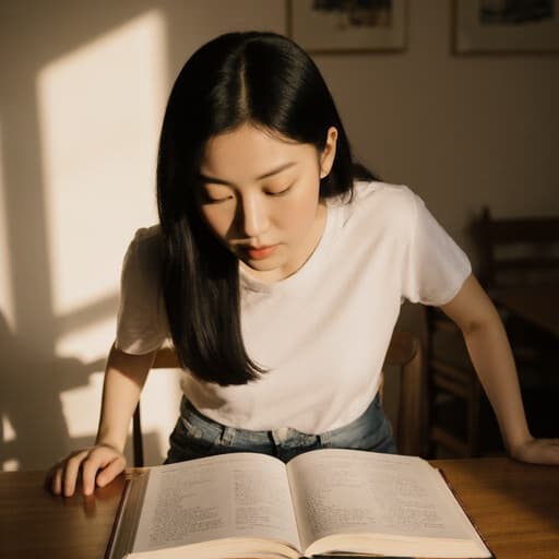 따뜻한 조명이 비추는 아늑한 다이닝룸에서 편안한 티셔츠와 청바지를 입은 10대 후반의 동양인 여성이 식탁 위에 놓인 요리책을 읽으며 무표정으로 집중하는 모습입니다. 따뜻한 조명이 장면의 초대하는 분위기를 더합니다.