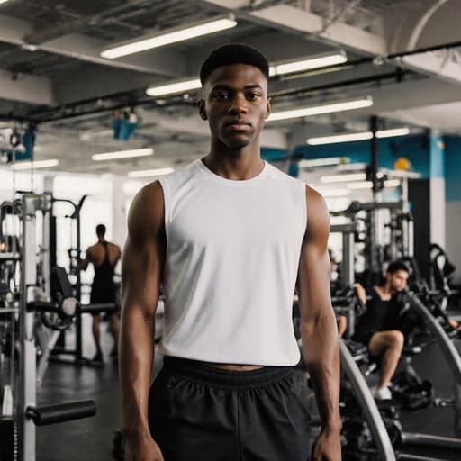 자신감 있는 10대 후반의 아프리카계 남성 모델이 스포츠 센터에서 편안한 트레이닝 셔츠와 반바지를 입고 서 있습니다. 그는 편안한 자세로 자신감과 여유를 발산하며, 다양한 운동 기구와 훈련하는 선수들로 가득한 활기찬 환경을 담고 있습니다.