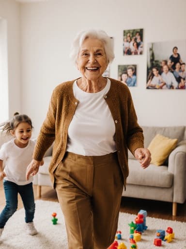 70대의 친근한 할머니가 편안한 옷을 입고, 아늑한 거실에서 손주들과 함께 즐겁게 뛰어노는 모습의 전신 사진. 따뜻하고 행복한 분위기가 가득하다.