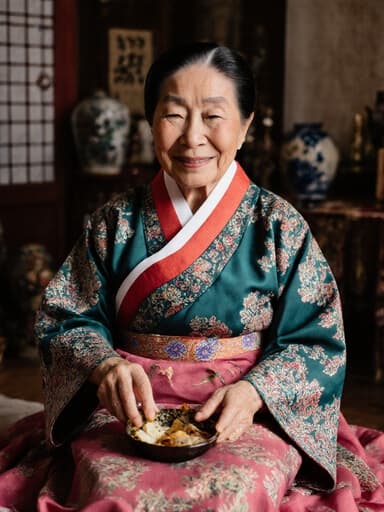 80대 동양인 여성이 화려한 전통 한복을 입고 아늑한 거실 바닥에 앉아 전통 음식이나 장식을 다루며 따뜻한 미소를 지어 평화롭고 편안한 감정을 표현하는 모습의 풀바디 샷입니다. 전통적인 장식들로 꾸며진 공간에서 촬영되었습니다.