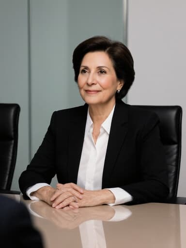 자신감 있는 60대 라틴계 여성이 세련된 블랙 색상의 정장과 흰색 블라우스를 입고, 현대적인 회의실의 깔끔한 회의 테이블에 손을 올린 채 앉아 있습니다. 자연스러운 모습과 매력적인 표정은 상대방을 바라보며 전문성을 전달하고, 깔끔하고 정돈된 배경이 분위기를 더욱 돋보이게 합니다.