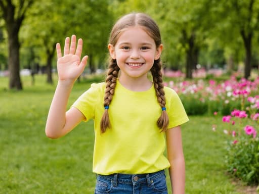 푸르른 공원에서 밝은 색상의 티셔츠와 청바지를 입고 손을 흔들며 순수한 미소를 지으며 서 있는 7세 유럽계 소녀의 반신 사진. 나무와 꽃들이 어우러져 행복한 분위기를 자아낸다.