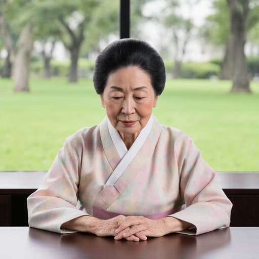 70대 동양인 여성이 부드러운 색상의 전통 한복을 입고, 회의실 테이블에 손을 올리며 아래를 바라보고 있는 모습의 반신 사진. 외로운 감정을 표현하며, 회의실 창 밖으로 보이는 평화로운 공원 풍경이 배경으로 보인다.