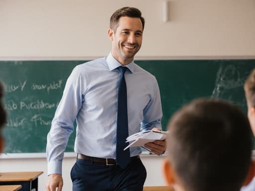 30대 백인 남성 교사가 깔끔한 셔츠와 바지를 입고 강의 자료를 들고 학생들과 소통하며 걸어가는 모습의 반신 촬영. 교실 배경에는 칠판과 책상이 있어 초대하고 전문적인 분위기를 형성하고 있습니다.