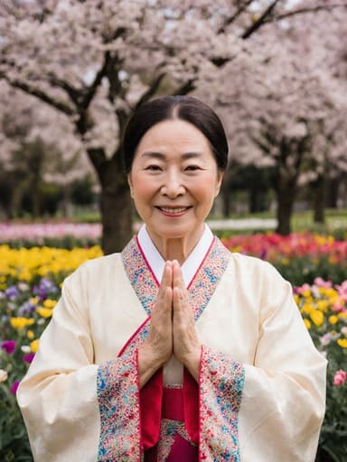 전통 한국 한복을 입고 있는 70대 백인 여성의 전신 사진으로, 만족스러운 미소를 지으며 손을 가슴 높이로 올려 인사하고 있는 모습입니다. 만발한 꽃들로 가득한 공원을 배경으로 하여 생기 넘치고 활기찬 분위기를 전달합니다.