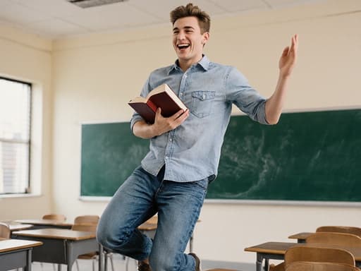 20대 백인 남성이 캐주얼한 셔츠와 청바지를 입고 책을 들고 점프하며 즐거운 표정을 짓고 있는 모습이 밝은 교실 배경 속에서 포착되었습니다. 그의 활기찬 표정은 학습에 대한 열정을 전달하며, 칠판과 책상이 있는 배경이 생기 넘치는 분위기를 더합니다.