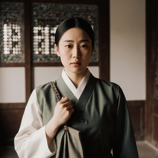 20대의 백인 여성 한 명이 전통 한복을 입고 한옥의 고요한 내부에 서 있습니다. 그녀는 피곤한 표정을 지으며 고민이 담긴 감정을 드러내고 있으며, 어깨에 메고 있는 가방의 끈을 잡고 있습니다. 아늑한 온돌방과 아름답게 장식된 벽이 조화를 이루며, 그녀의 의상과 주변의 평화로운 분위기를 강조합니다.