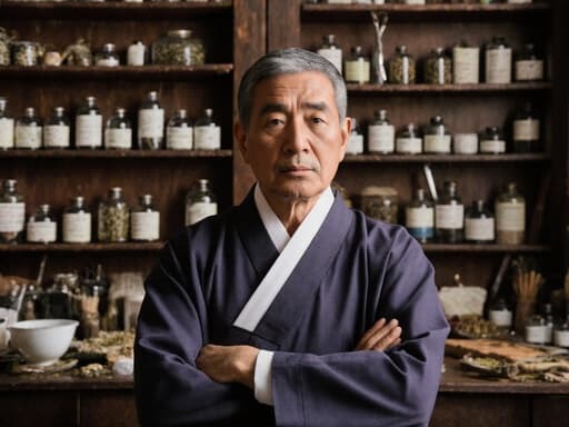 이미지에는 40대 중동계 남성이 전통적인 의사복을 입고 한약 조제실에 서 있는 모습이 담겨 있습니다. 그는 한약재를 살펴보며 팔짱을 끼고 지루한 표정을 짓고 있어, 그의 태도와 한약재로 가득한 환경의 생동감이 대조를 이루고 있습니다.