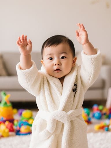 귀여운 목욕 가운을 입고 있는 1살 아시아계 남자 아기가 손을 위로 뻗으며 졸린 표정을 짓고 있는 반신 촬영입니다. 배경은 장난감과 아기용 목욕 용품이 가득한 밝고 아늑한 거실로 따뜻한 분위기를 연출합니다.