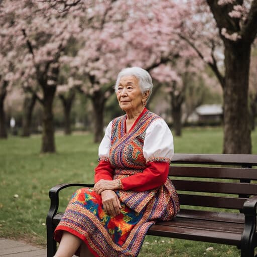 이 이미지는 70대의 혼혈 여성이 화려한 전통 무용 의상을 입고 공원 벤치에 앉아 있는 모습을 담고 있습니다. 그녀의 표정은 고독과 깊은 생각에 잠긴 감정을 전달하며, 나무와 꽃으로 가득한 아름다운 공원에서의 평온함을 느낄 수 있습니다.