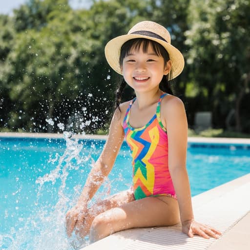 햇살이 비치는 수영장 가장자리에 앉아 물장구를 치며 즐거운 표정을 짓고 있는 7세 아시아계 소녀의 밝은 색 수영복과 귀여운 모자를 착용한 반신 사진. 주변에는 울창한 나무들이 있습니다.